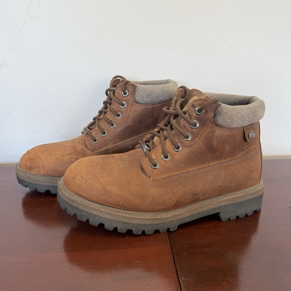 Skechers Mens Waterproof Brown Leather Boots‎ Memory Foam SN4243 Size 10 Y2K